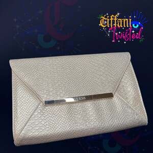 Guess Metallic Snakeskin Embossed Envelope Clutch Gold Silver Tone